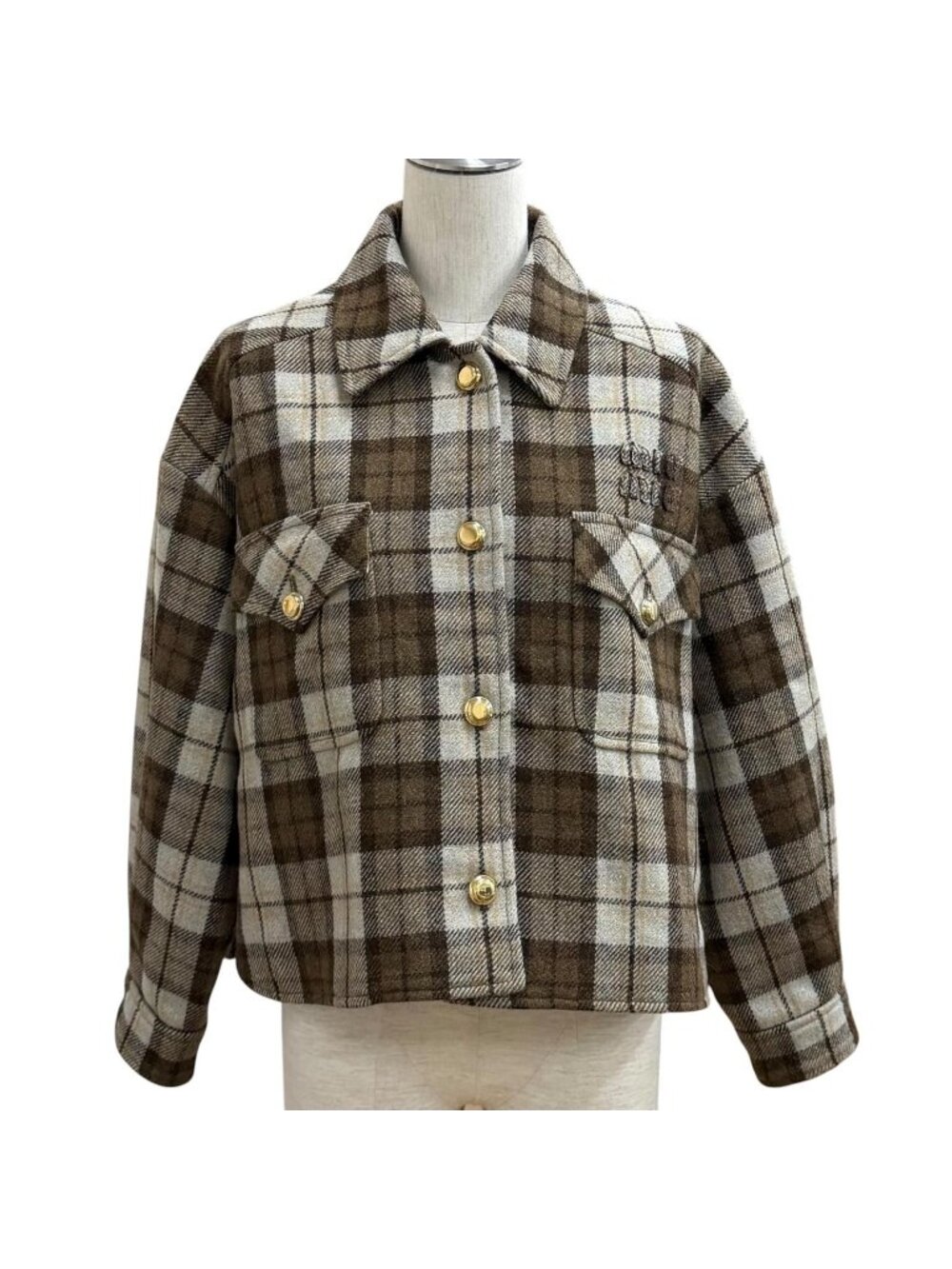 Miu Miu Logo Patch Check Jacket Brown 38
